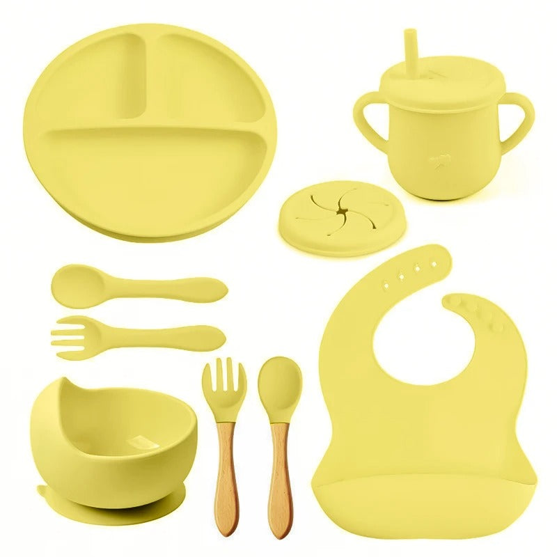 8PCS Baby Silicone Feeding Set Bibs Sucker Dinner Plate Antislip Bowl Spoon Cup Children's Tableware Baby Stuff