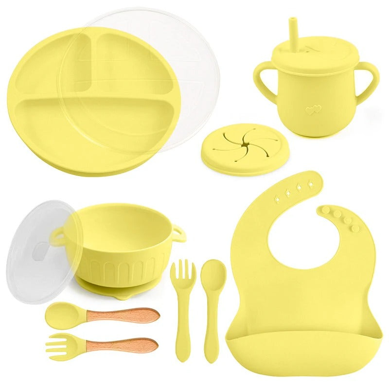 10pcs/Set Baby Children's Tableware Feeidng BPA Free Solid Color Food Plates Sucker Dishes Spoon Fork Sippy Cup Baby Stuff