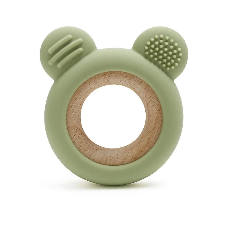 1PC Baby Silicone Teether Toy Cartoon Shape Wooden Teether Ring Kid Toy Food Grade Children's Chewing Teething Toys Accessories
