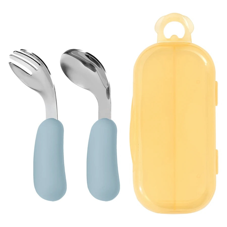2PCS Baby Silicone Stainless Steel Fork Spoon Feeding Set Portable Kids Training Weaning Tableware Toddler Utensils Baby Stuff