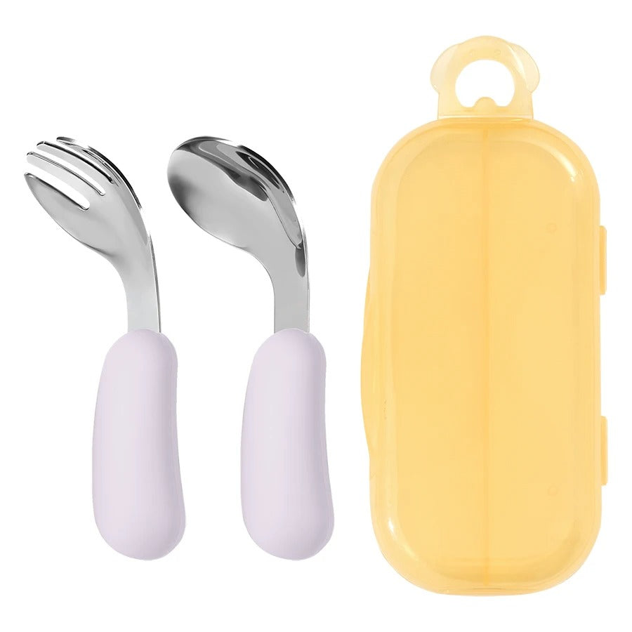 2PCS Baby Silicone Stainless Steel Fork Spoon Feeding Set Portable Kids Training Weaning Tableware Toddler Utensils Baby Stuff