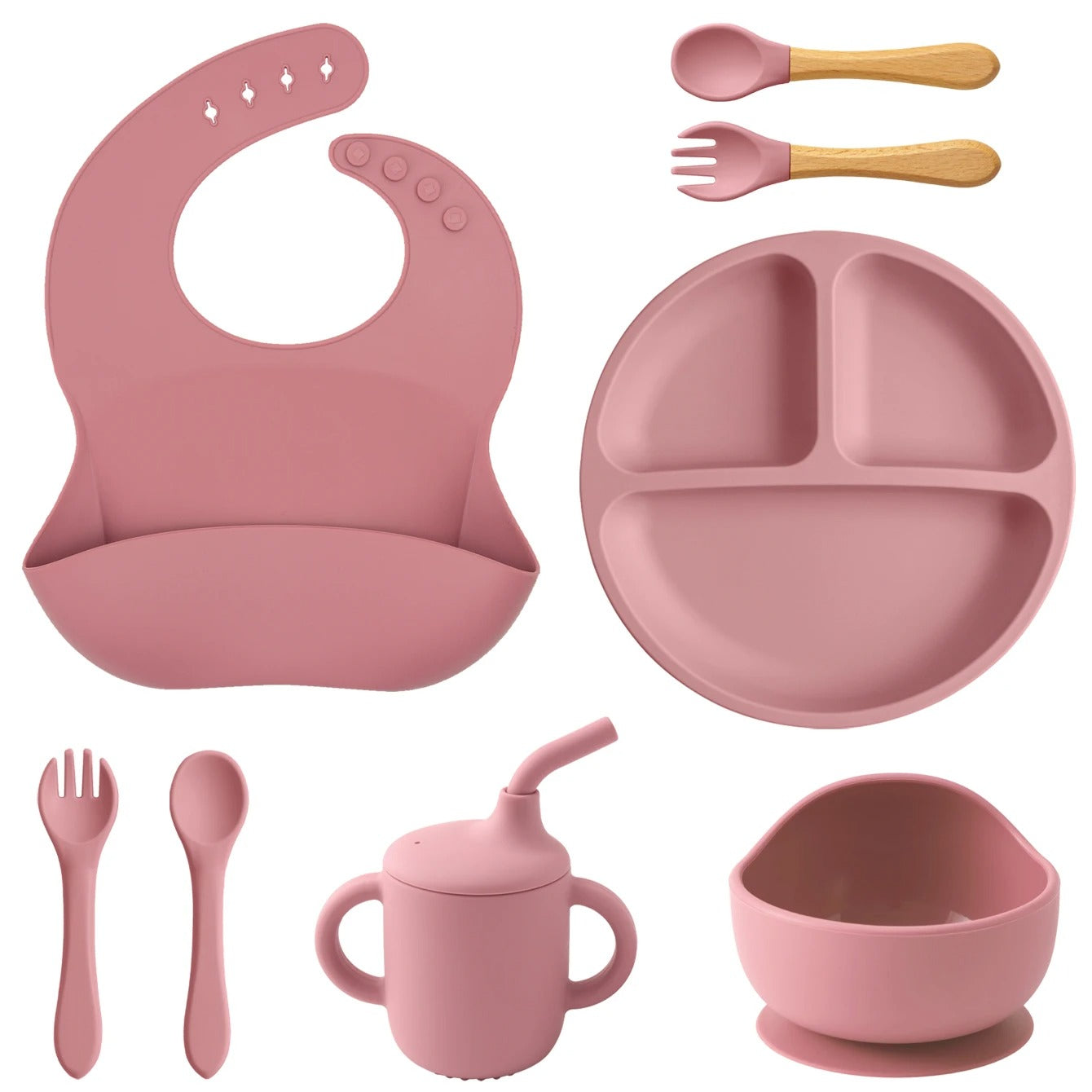 8PCS Silicone Baby Feeding Set Suction Plate BPA Free Straw Cup Waterproof Bib Spoon Fork Kids Learning Utensils Tableware