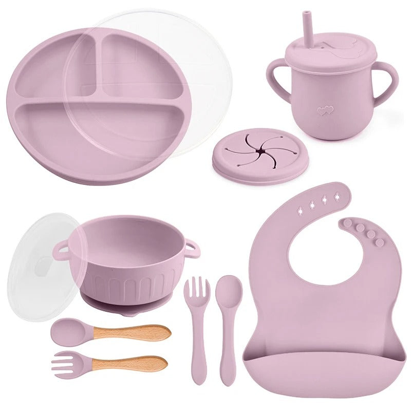 10pcs/Set Baby Children's Tableware Feeidng BPA Free Solid Color Food Plates Sucker Dishes Spoon Fork Sippy Cup Baby Stuff