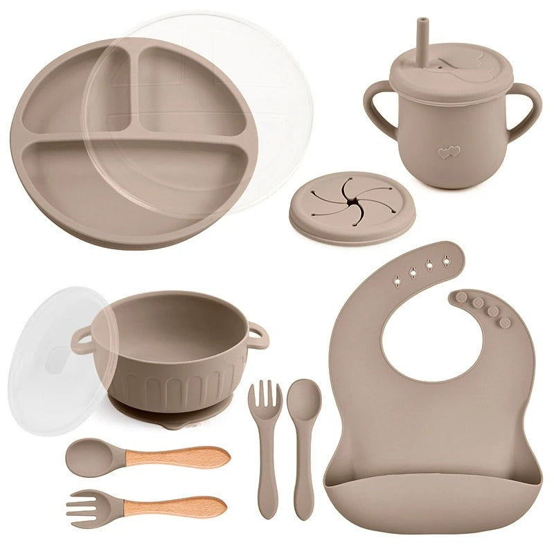 10pcs/Set Baby Children's Tableware Feeidng BPA Free Solid Color Food Plates Sucker Dishes Spoon Fork Sippy Cup Baby Stuff