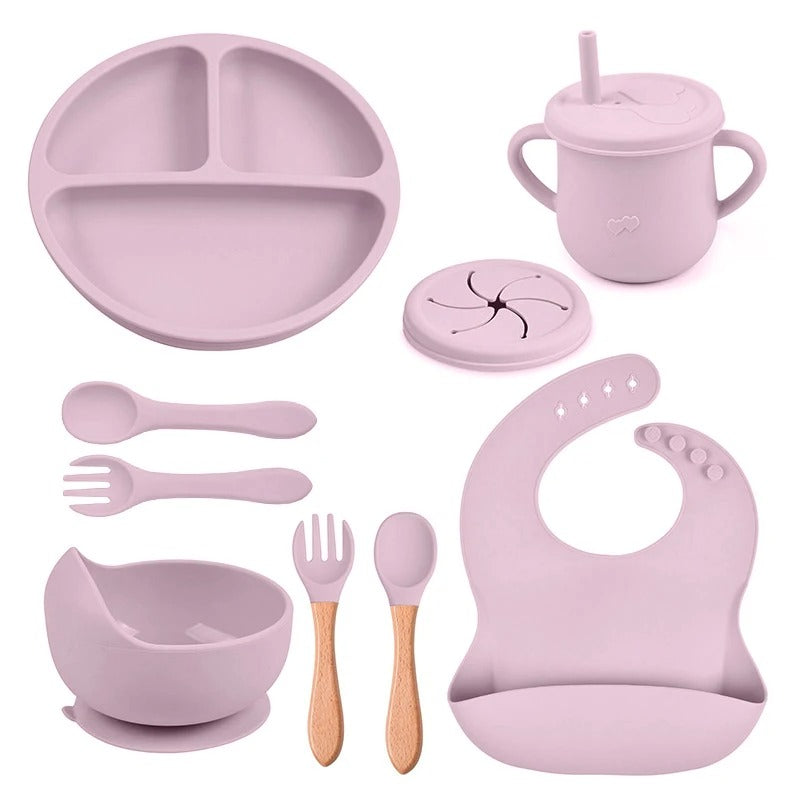 8PCS Baby Silicone Feeding Set Bibs Sucker Dinner Plate Antislip Bowl Spoon Cup Children's Tableware Baby Stuff