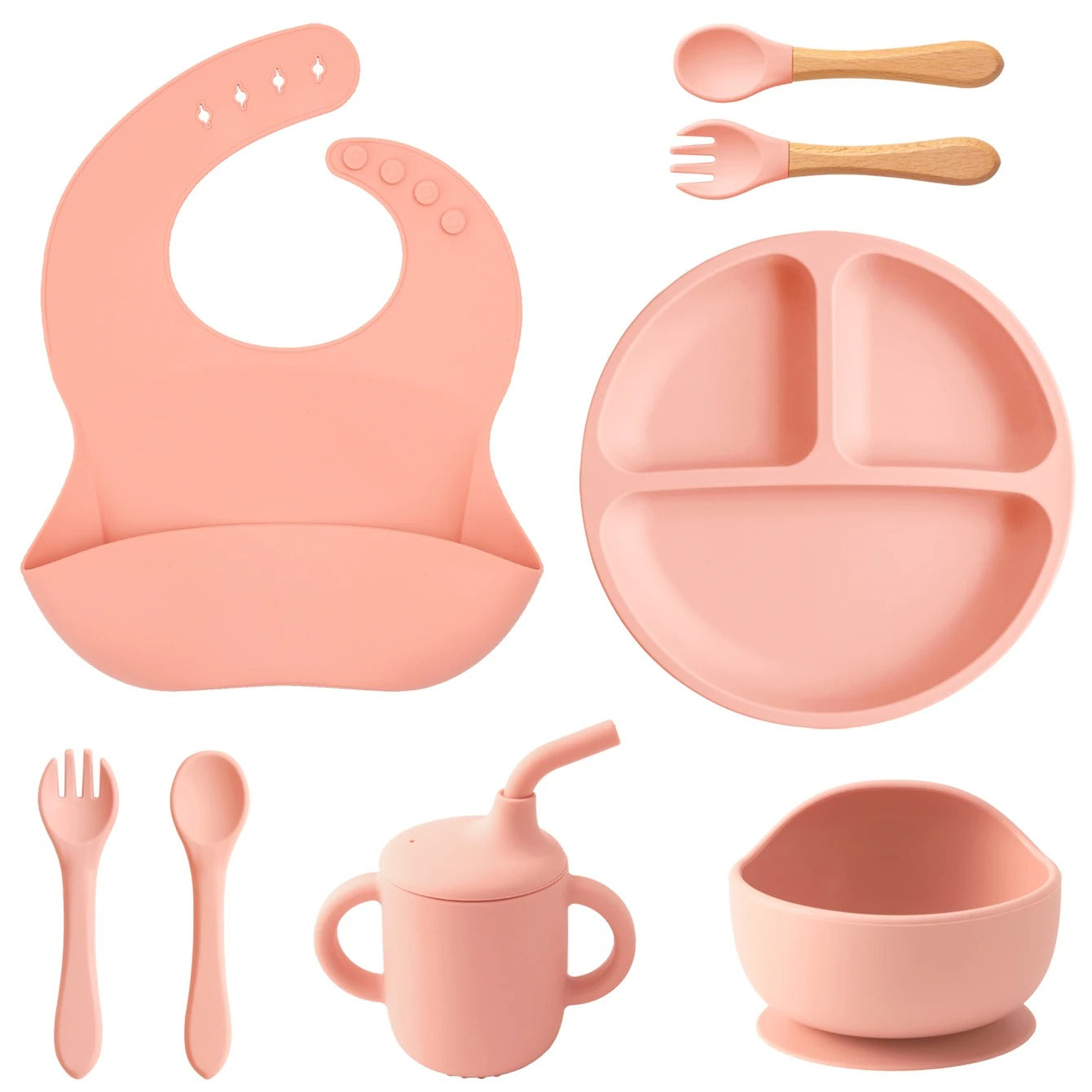 8PCS Silicone Baby Feeding Set Suction Plate BPA Free Straw Cup Waterproof Bib Spoon Fork Kids Learning Utensils Tableware