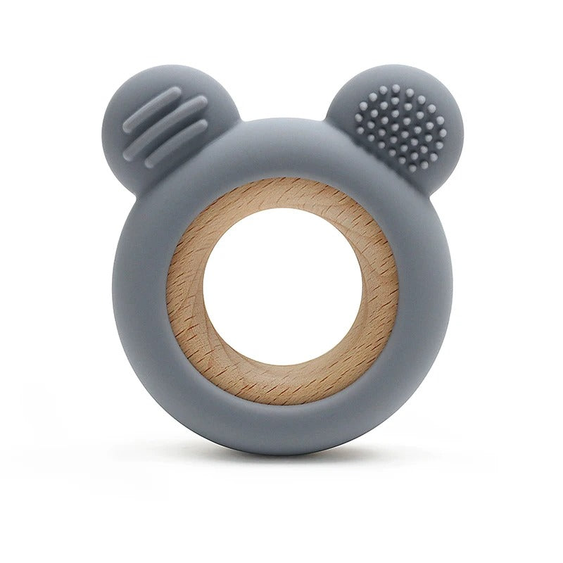 1PC Baby Silicone Teether Toy Cartoon Shape Wooden Teether Ring Kid Toy Food Grade Children's Chewing Teething Toys Accessories