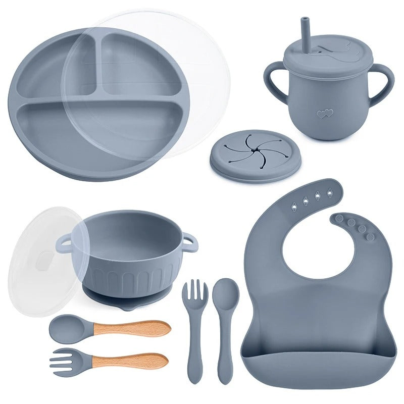 10pcs/Set Baby Children's Tableware Feeidng BPA Free Solid Color Food Plates Sucker Dishes Spoon Fork Sippy Cup Baby Stuff