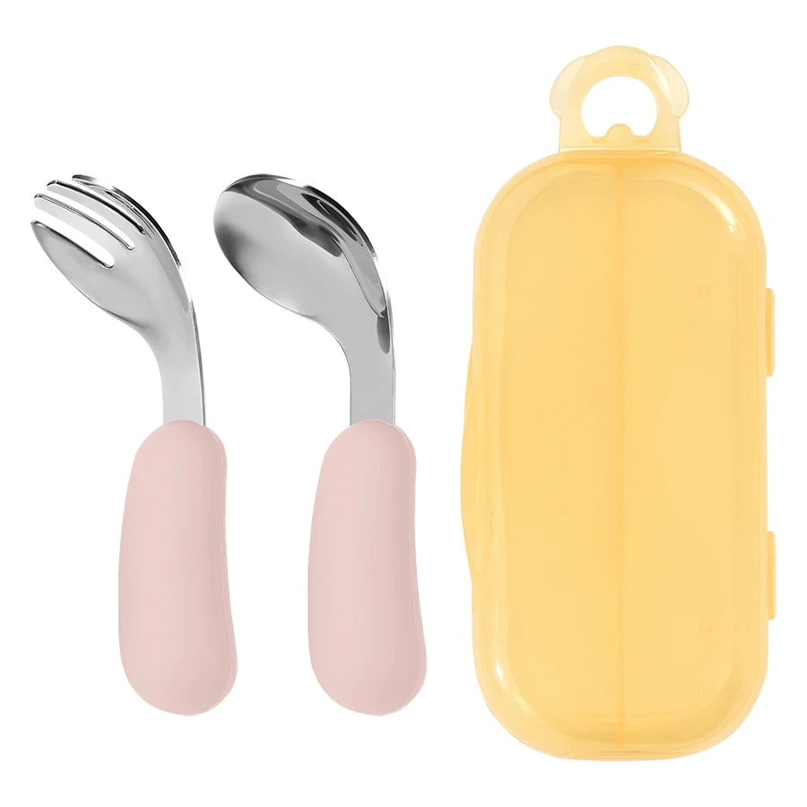 2PCS Baby Silicone Stainless Steel Fork Spoon Feeding Set Portable Kids Training Weaning Tableware Toddler Utensils Baby Stuff