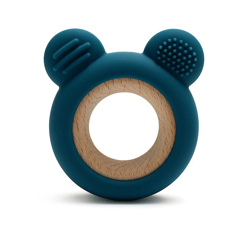1PC Baby Silicone Teether Toy Cartoon Shape Wooden Teether Ring Kid Toy Food Grade Children's Chewing Teething Toys Accessories