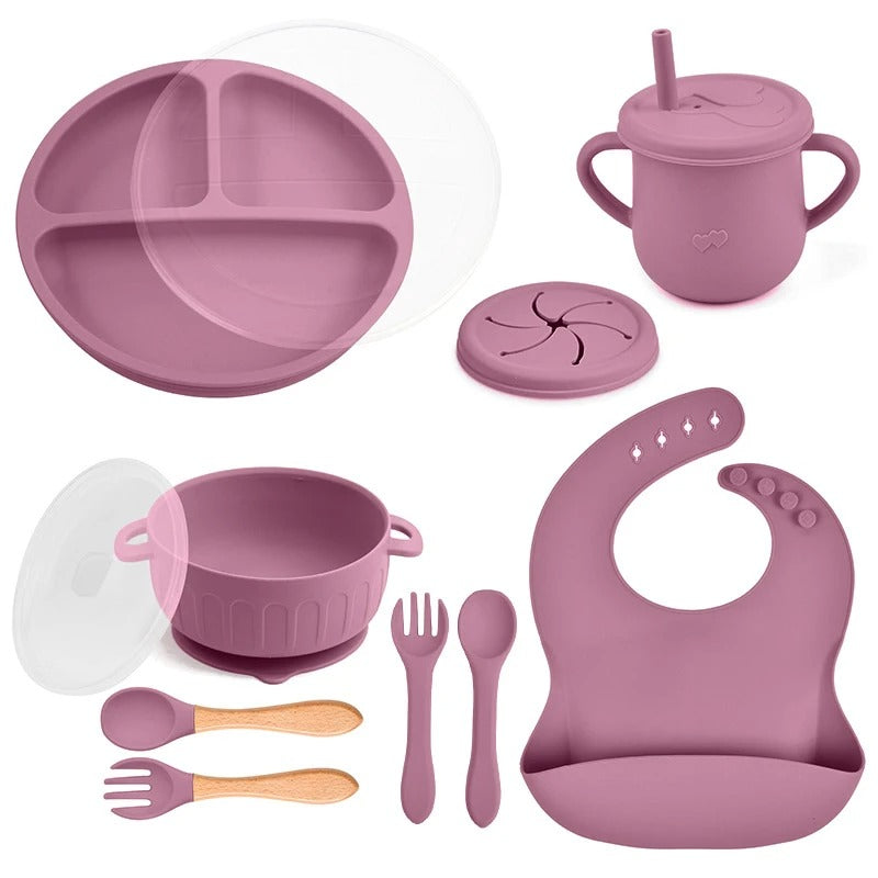 10pcs/Set Baby Children's Tableware Feeidng BPA Free Solid Color Food Plates Sucker Dishes Spoon Fork Sippy Cup Baby Stuff