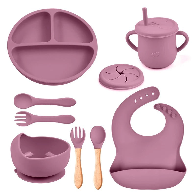 8PCS Baby Silicone Feeding Set Bibs Sucker Dinner Plate Antislip Bowl Spoon Cup Children's Tableware Baby Stuff