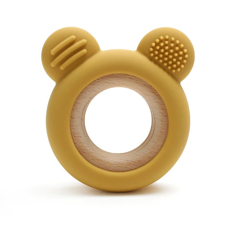 1PC Baby Silicone Teether Toy Cartoon Shape Wooden Teether Ring Kid Toy Food Grade Children's Chewing Teething Toys Accessories