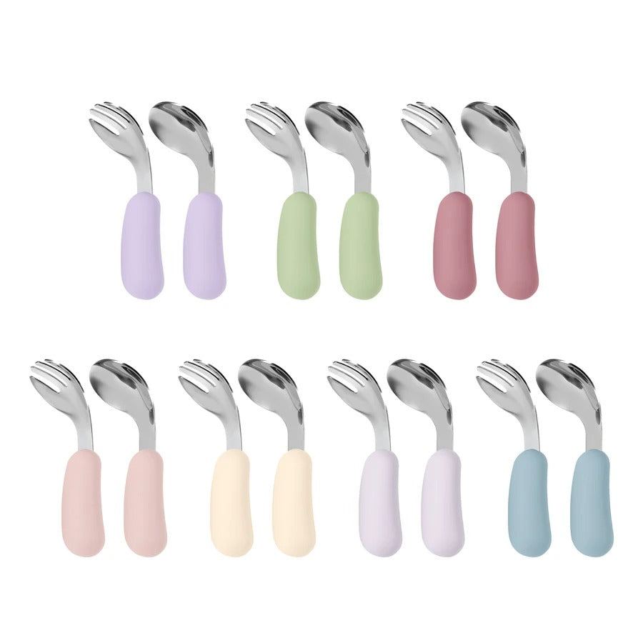 2PCS Baby Silicone Stainless Steel Fork Spoon Feeding Set Portable Kids Training Weaning Tableware Toddler Utensils Baby Stuff
