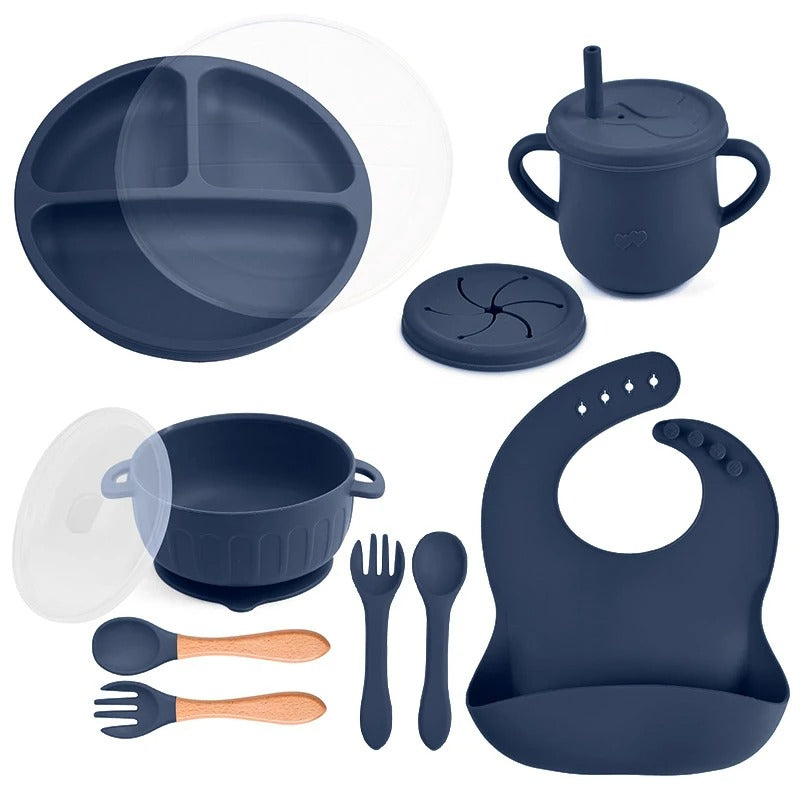 10pcs/Set Baby Children's Tableware Feeidng BPA Free Solid Color Food Plates Sucker Dishes Spoon Fork Sippy Cup Baby Stuff