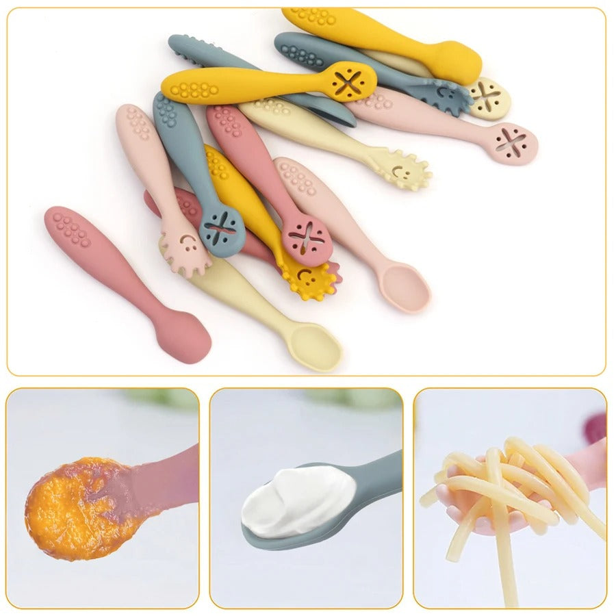 3PCS Kawaii Baby Learning Spoons Utensils Set Toddler Feeding Tableware Baby Silicone Teether Toys Training Cutlery Baby Stuff