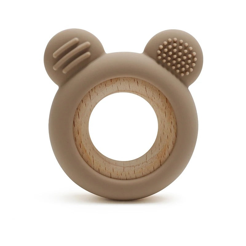 1PC Baby Silicone Teether Toy Cartoon Shape Wooden Teether Ring Kid Toy Food Grade Children's Chewing Teething Toys Accessories