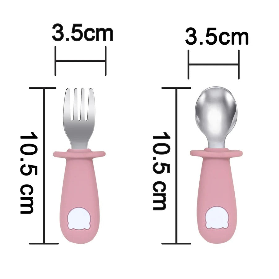 New Design Baby Feeding Solid Food Spoon Fork Set BPA Free Silicone Handle Cartoon Bear Stainless Utensil Children's Tableware