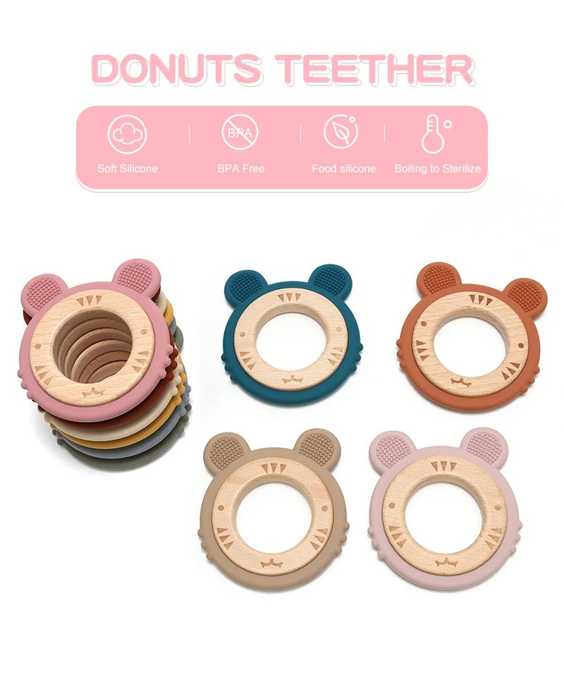 1pc Baby Teether Silicone Bracelet BPA Free Cute Cartoon Tiger Pendant Teething Toy Wood Ring Chewing Baby Accessories Toys