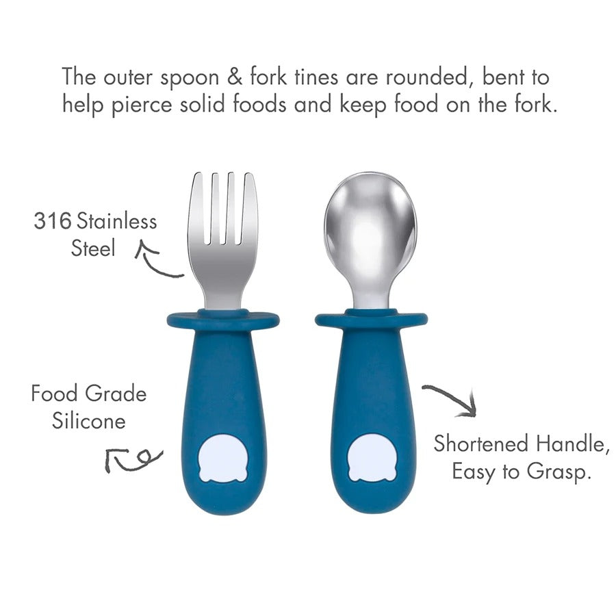 New Design Baby Feeding Solid Food Spoon Fork Set BPA Free Silicone Handle Cartoon Bear Stainless Utensil Children's Tableware