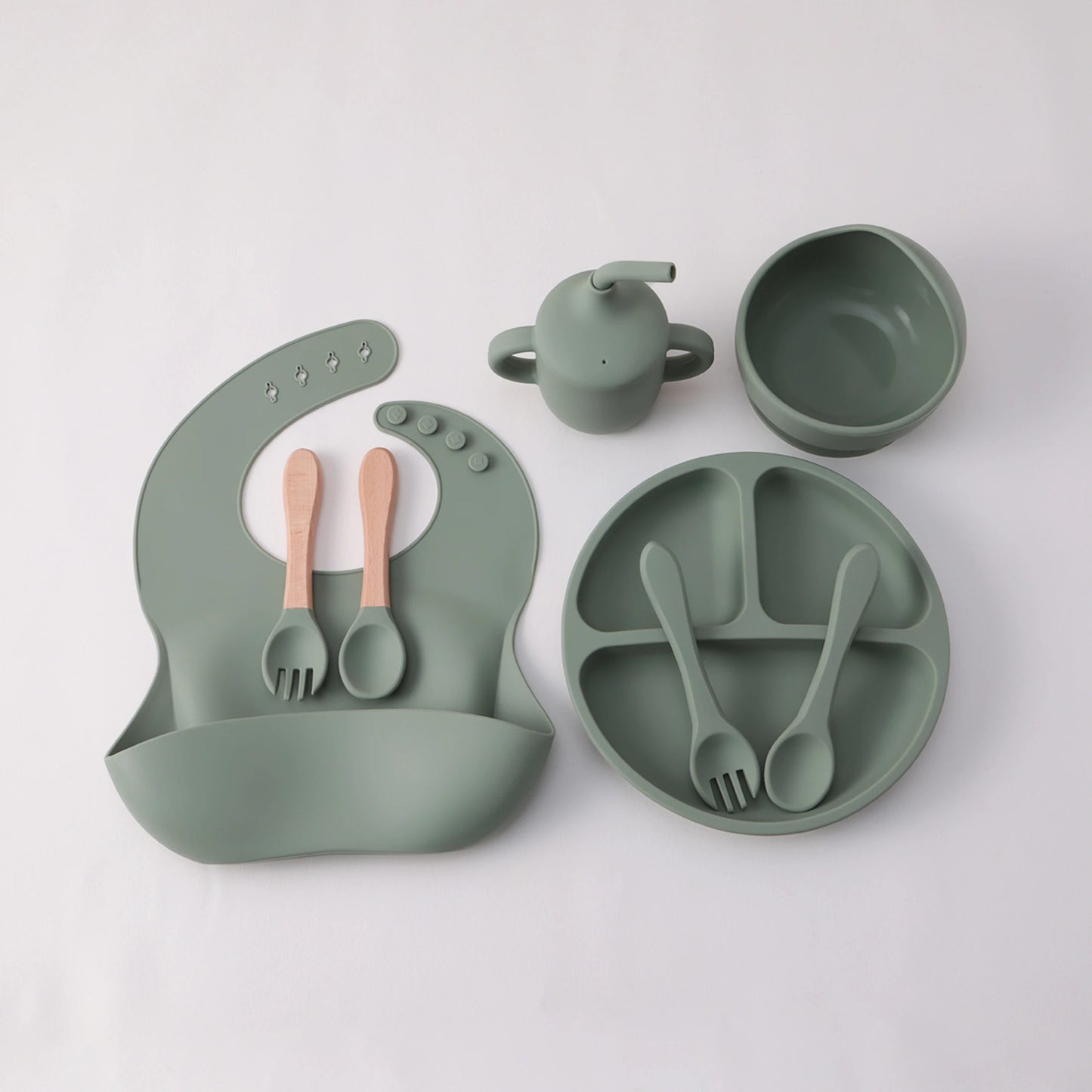 8PCS Silicone Baby Feeding Set Suction Plate BPA Free Straw Cup Waterproof Bib Spoon Fork Kids Learning Utensils Tableware