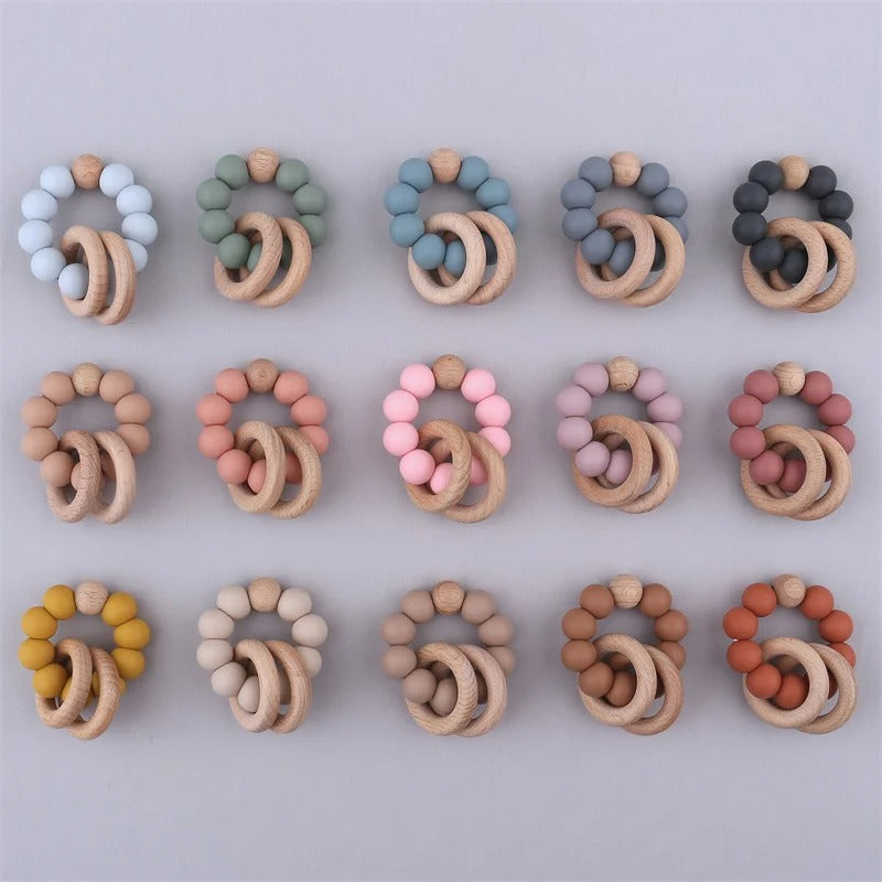 Baby Health Nursing Bracelets Teether Bab Toys Silicone Beads Wooden Ring Teething Wood Rattles Fidget Toys Newborn Accessories