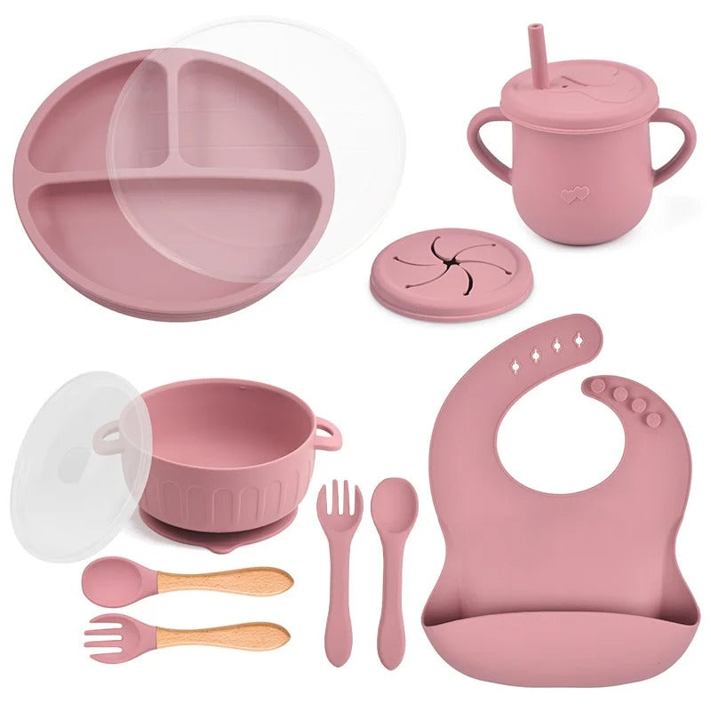 10pcs/Set Baby Children's Tableware Feeidng BPA Free Solid Color Food Plates Sucker Dishes Spoon Fork Sippy Cup Baby Stuff