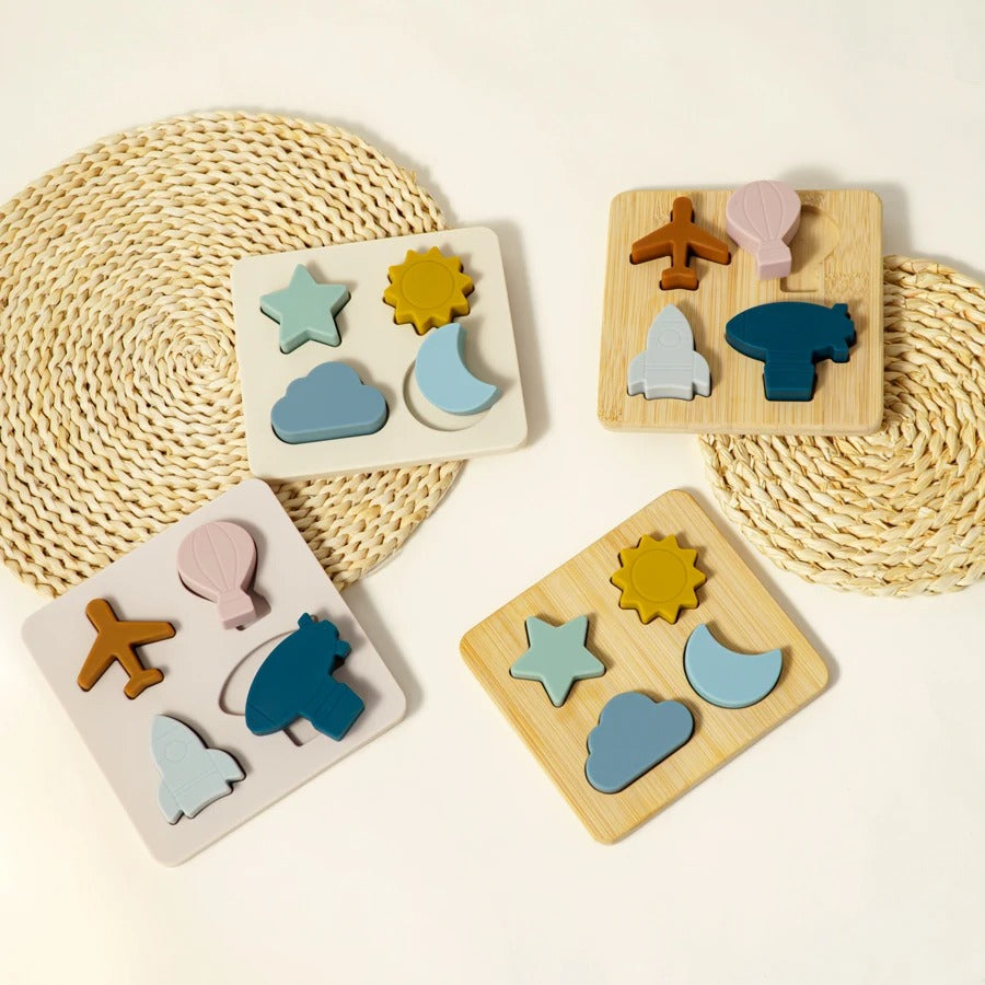 1 Set of Cartoon 3D Wooden Silicone Puzzle Baby Montessori Toys Toddlers Educational Traffic Jigsaw Puzzle Set Children Toys