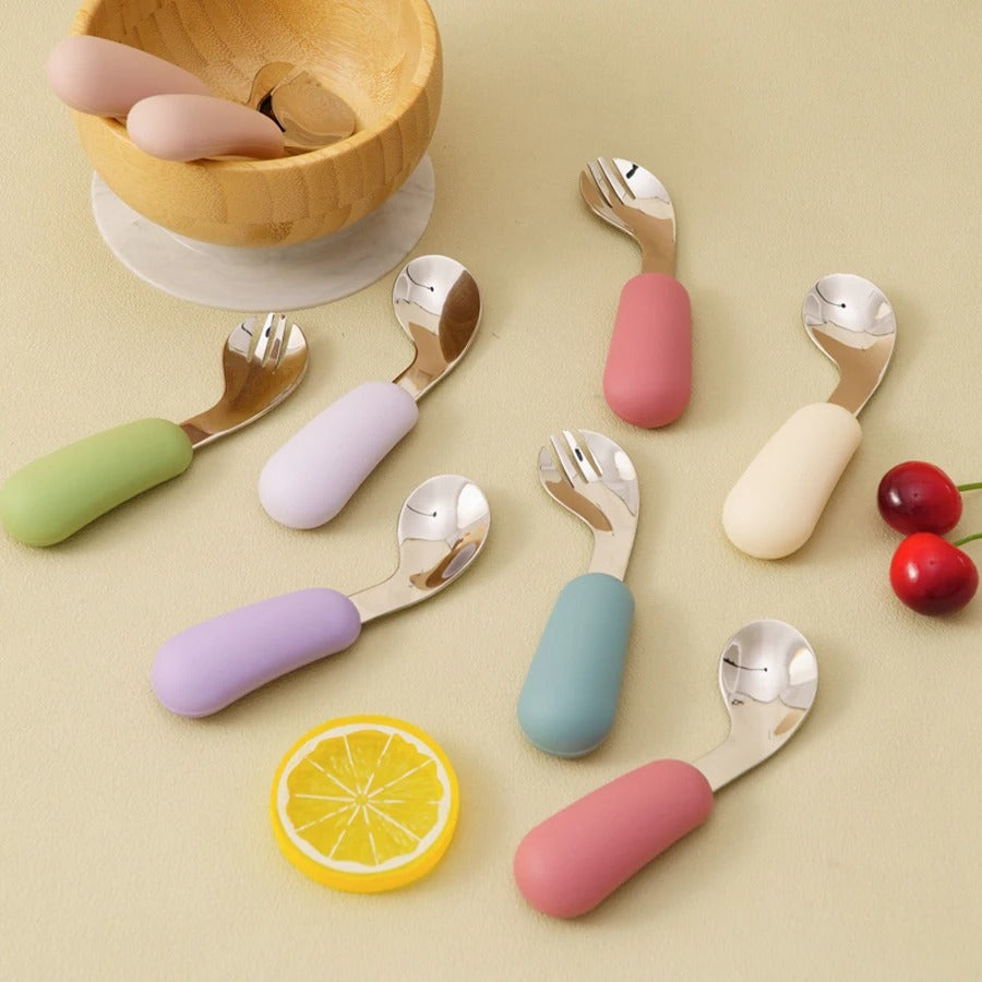 2PCS Baby Silicone Stainless Steel Fork Spoon Feeding Set Portable Kids Training Weaning Tableware Toddler Utensils Baby Stuff