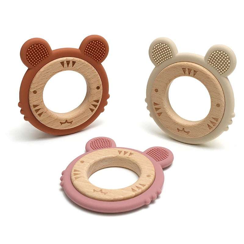 1pc Baby Teether Silicone Bracelet BPA Free Cute Cartoon Tiger Pendant Teething Toy Wood Ring Chewing Baby Accessories Toys