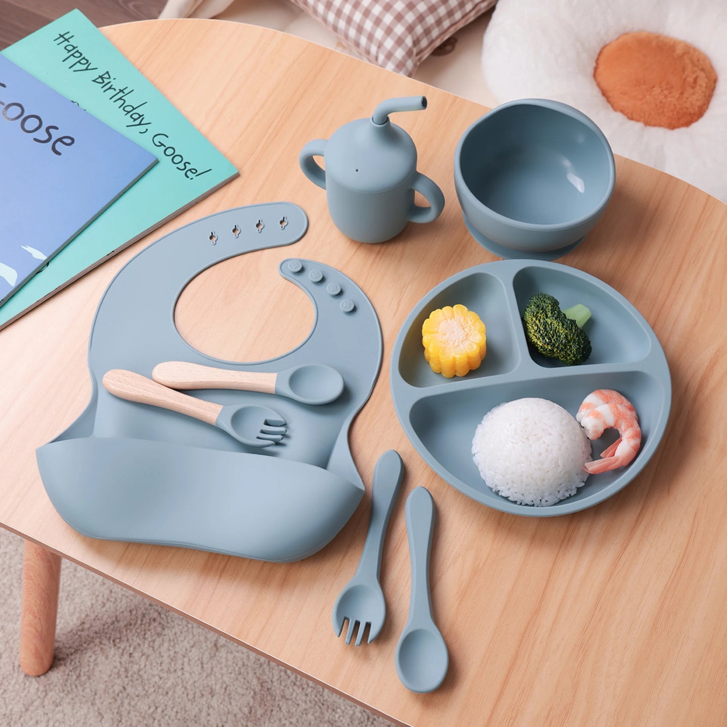 8PCS Silicone Baby Feeding Set Suction Plate BPA Free Straw Cup Waterproof Bib Spoon Fork Kids Learning Utensils Tableware