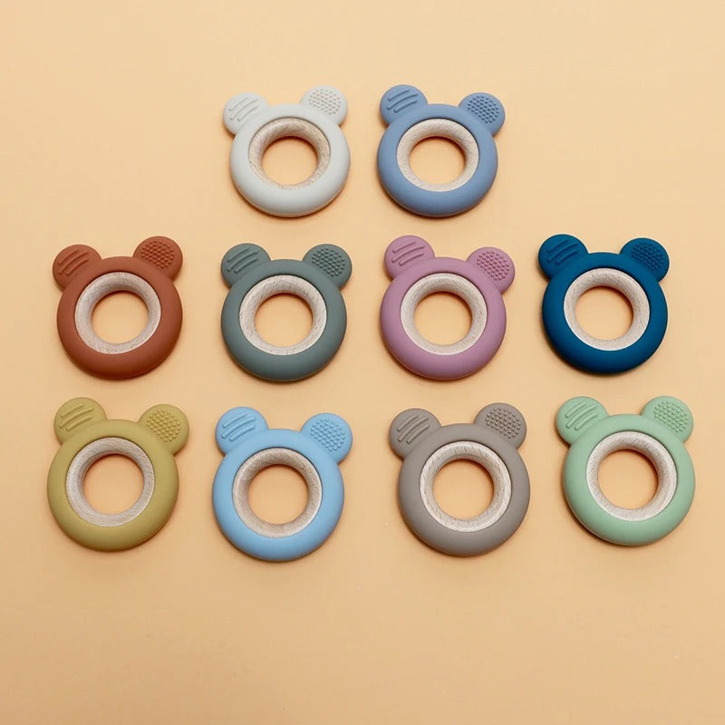 1PC Baby Silicone Teether Toy Cartoon Shape Wooden Teether Ring Kid Toy Food Grade Children's Chewing Teething Toys Accessories