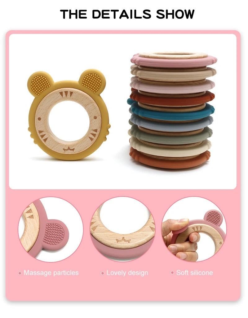 1pc Baby Teether Silicone Bracelet BPA Free Cute Cartoon Tiger Pendant Teething Toy Wood Ring Chewing Baby Accessories Toys