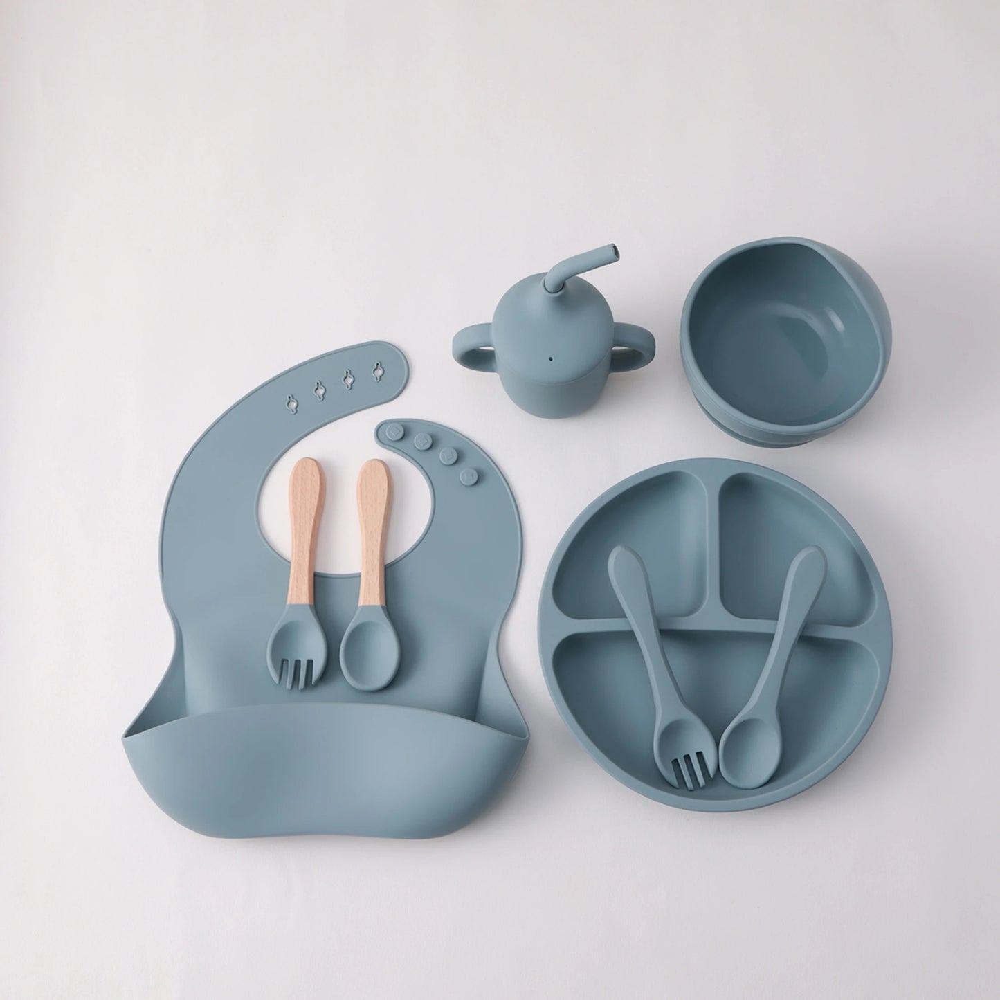 8PCS Silicone Baby Feeding Set Suction Plate BPA Free Straw Cup Waterproof Bib Spoon Fork Kids Learning Utensils Tableware