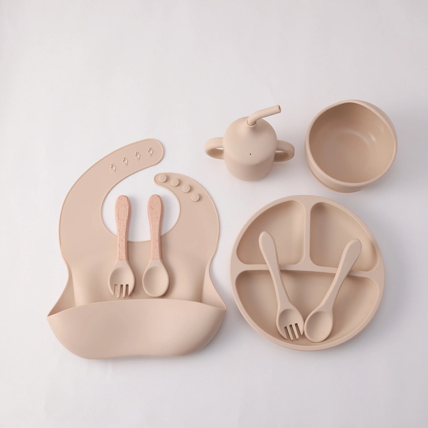8PCS Silicone Baby Feeding Set Suction Plate BPA Free Straw Cup Waterproof Bib Spoon Fork Kids Learning Utensils Tableware