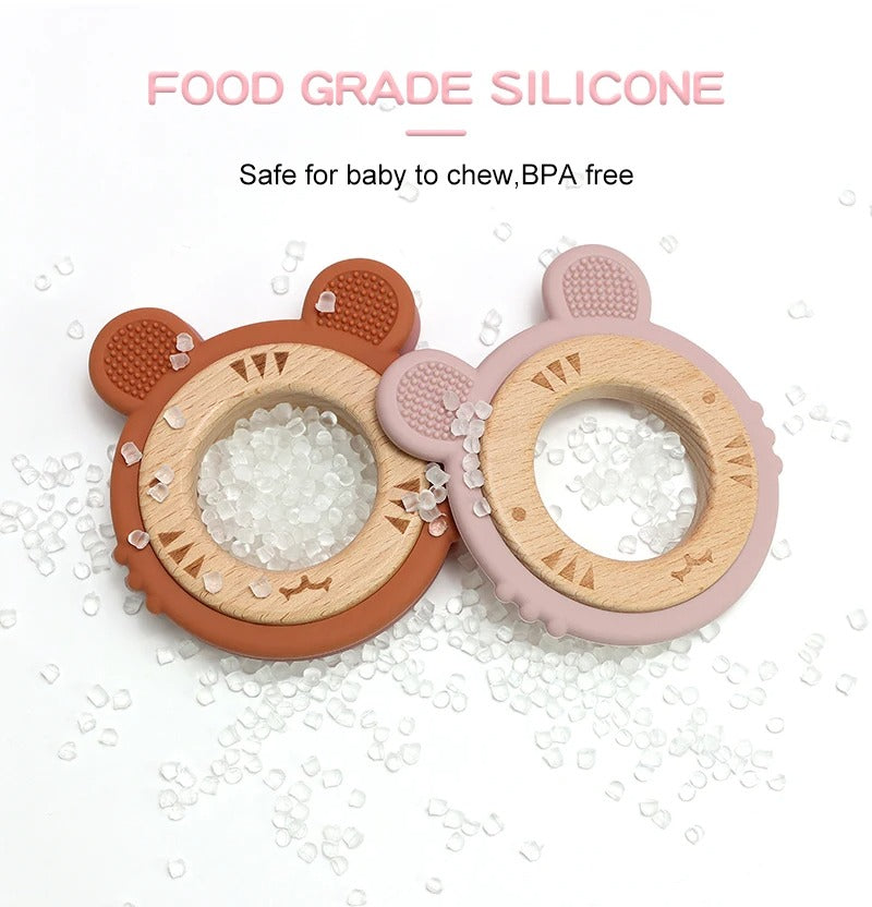 1pc Baby Teether Silicone Bracelet BPA Free Cute Cartoon Tiger Pendant Teething Toy Wood Ring Chewing Baby Accessories Toys