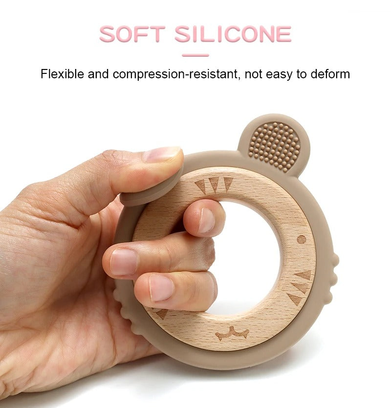 1pc Baby Teether Silicone Bracelet BPA Free Cute Cartoon Tiger Pendant Teething Toy Wood Ring Chewing Baby Accessories Toys