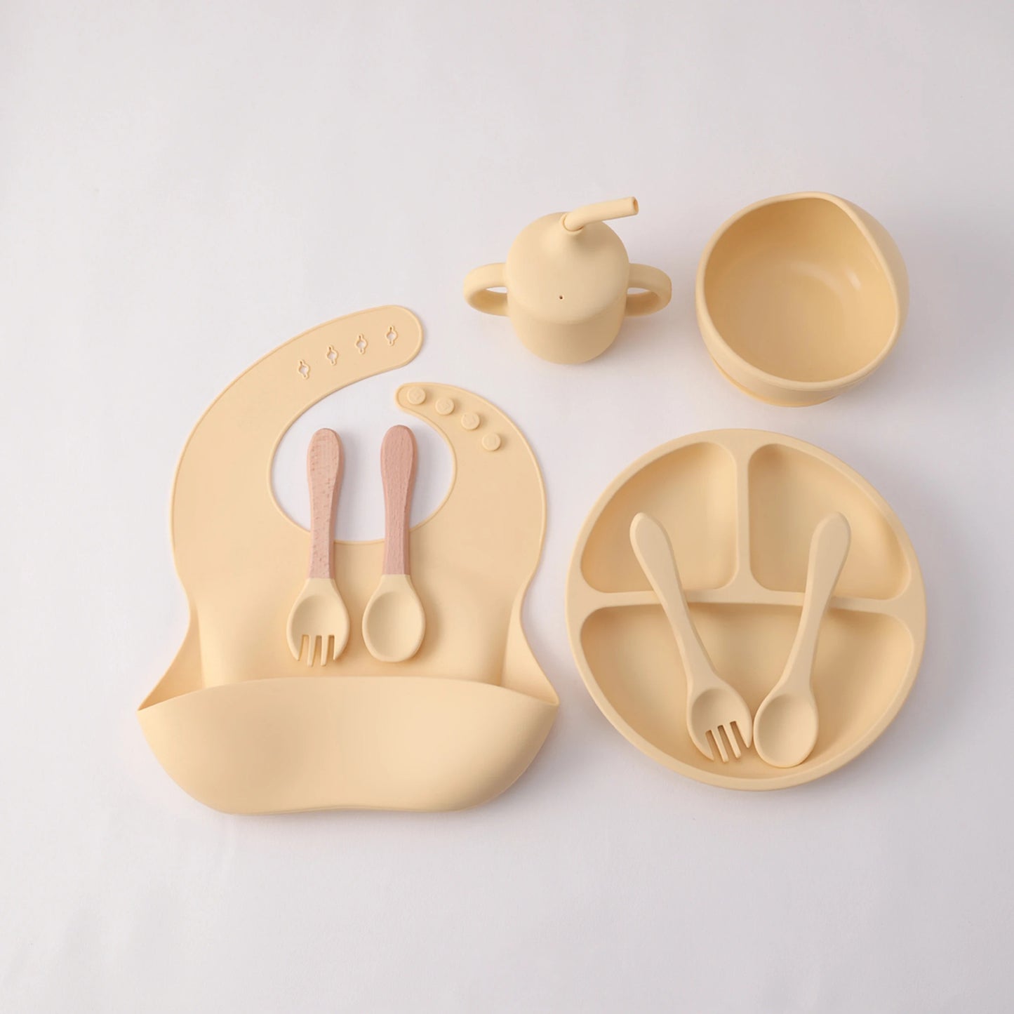 8PCS Silicone Baby Feeding Set Suction Plate BPA Free Straw Cup Waterproof Bib Spoon Fork Kids Learning Utensils Tableware