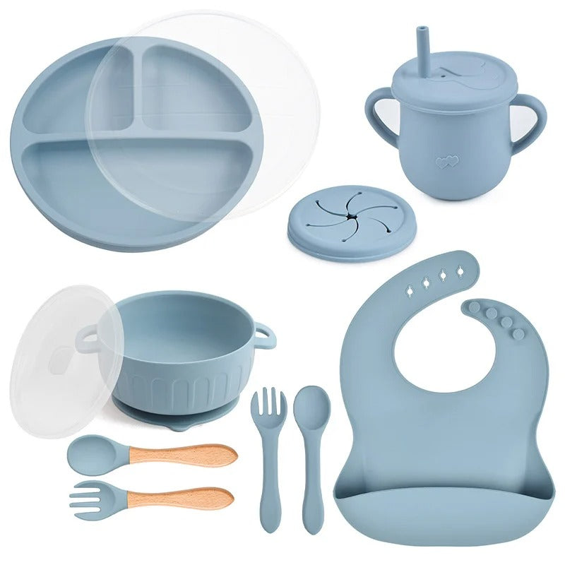 10pcs/Set Baby Children's Tableware Feeidng BPA Free Solid Color Food Plates Sucker Dishes Spoon Fork Sippy Cup Baby Stuff
