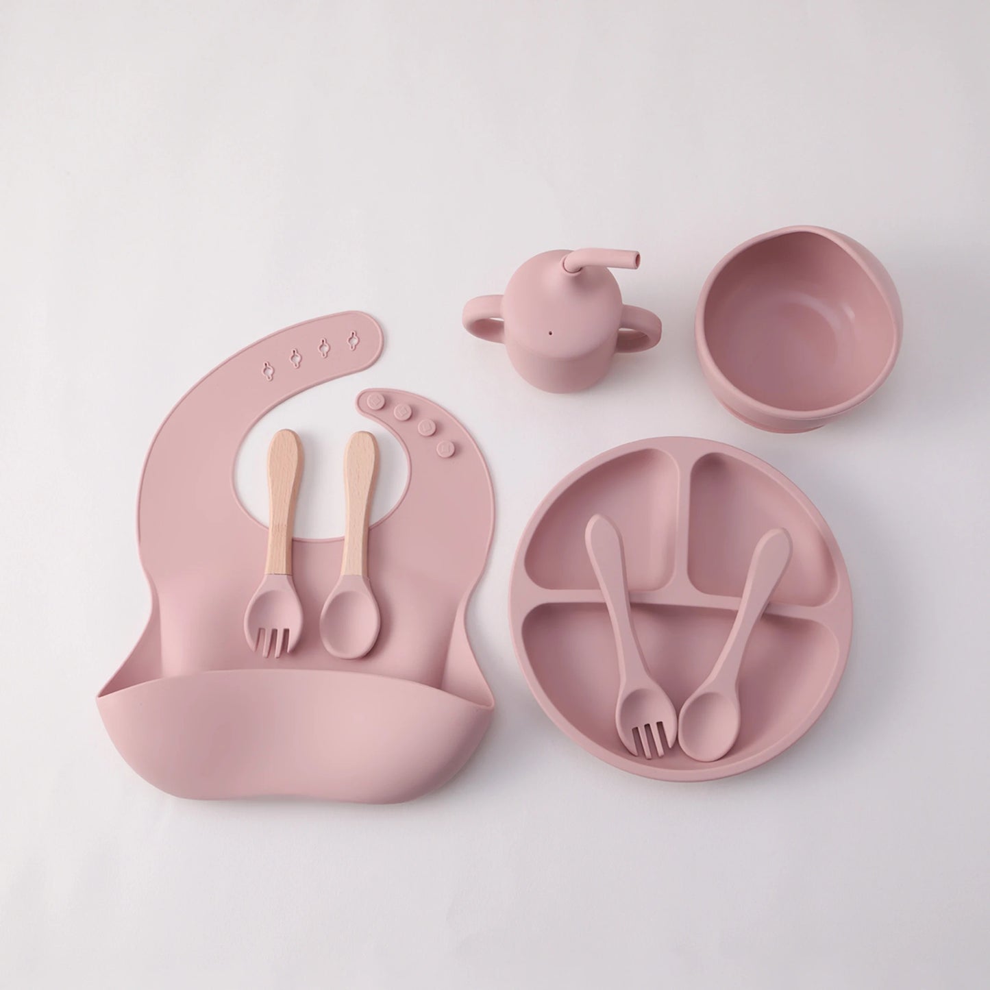 8PCS Silicone Baby Feeding Set Suction Plate BPA Free Straw Cup Waterproof Bib Spoon Fork Kids Learning Utensils Tableware