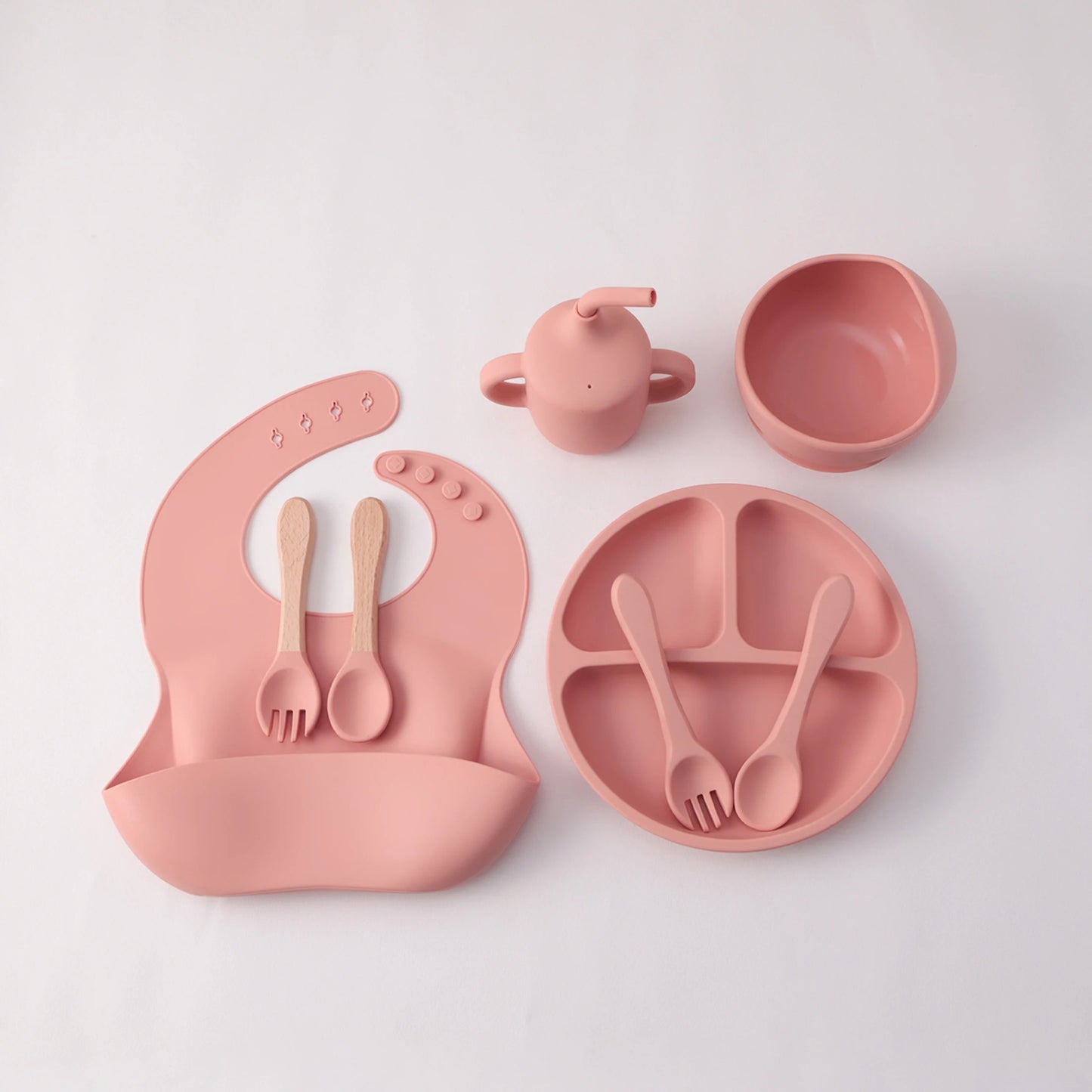8PCS Silicone Baby Feeding Set Suction Plate BPA Free Straw Cup Waterproof Bib Spoon Fork Kids Learning Utensils Tableware