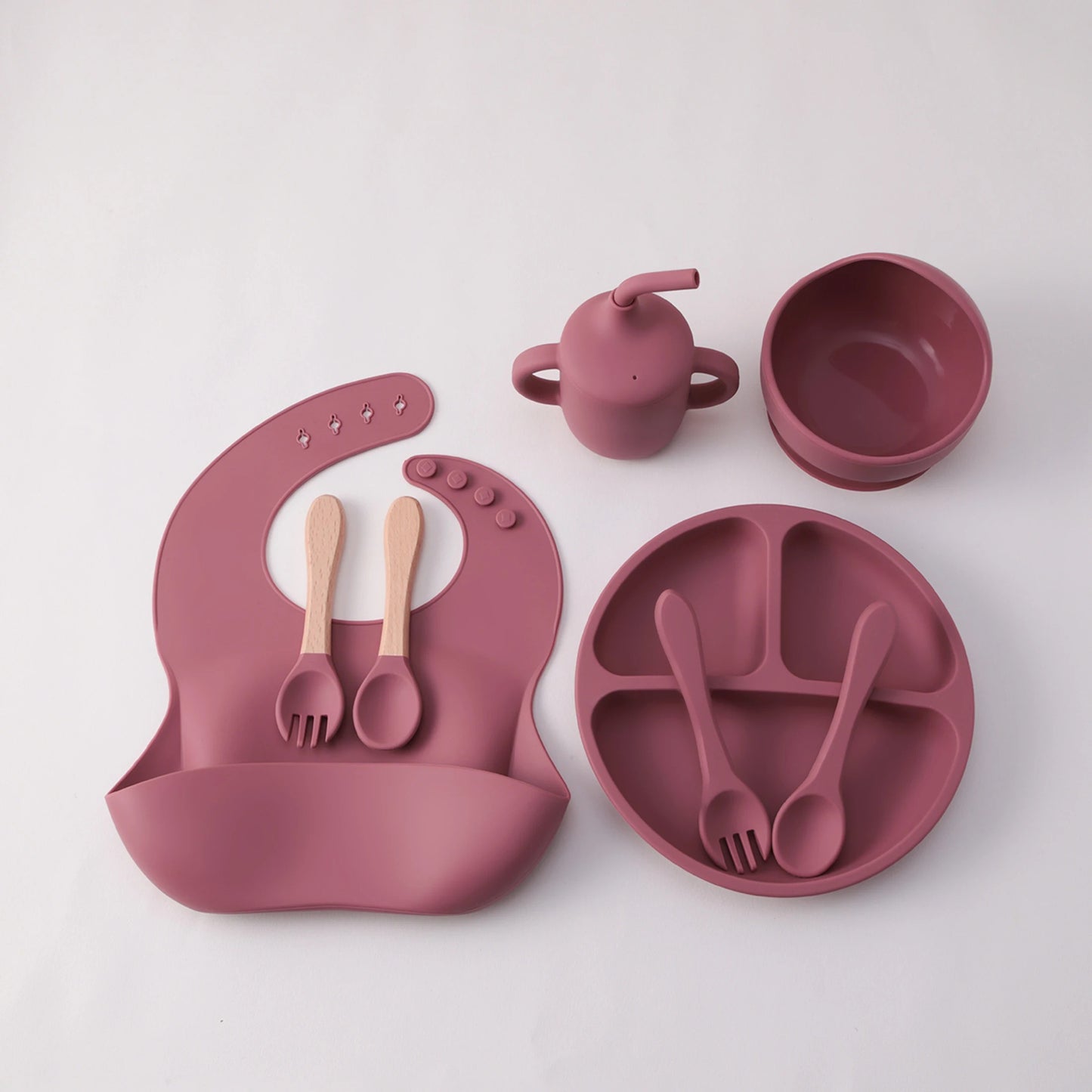 8PCS Silicone Baby Feeding Set Suction Plate BPA Free Straw Cup Waterproof Bib Spoon Fork Kids Learning Utensils Tableware