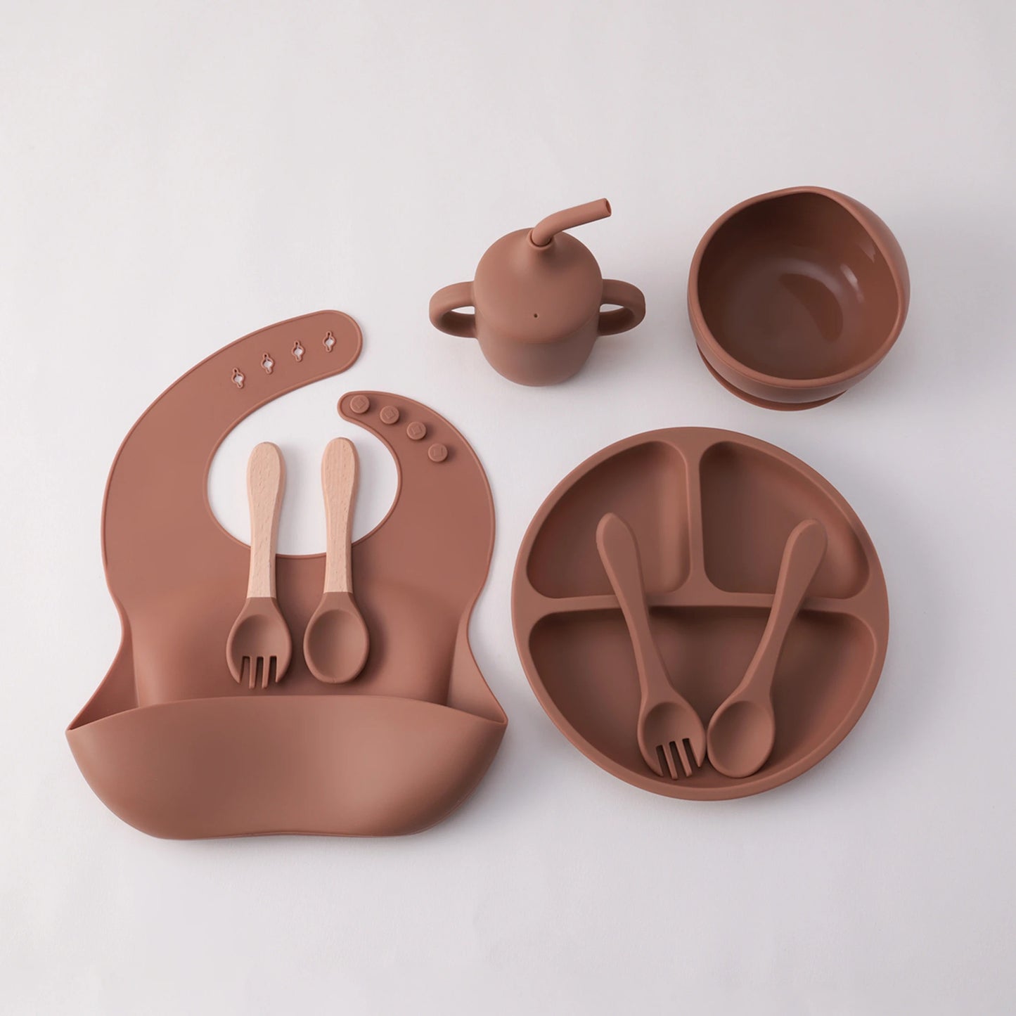8PCS Silicone Baby Feeding Set Suction Plate BPA Free Straw Cup Waterproof Bib Spoon Fork Kids Learning Utensils Tableware
