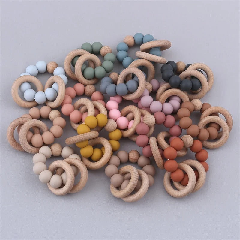 Baby Health Nursing Bracelets Teether Bab Toys Silicone Beads Wooden Ring Teething Wood Rattles Fidget Toys Newborn Accessories