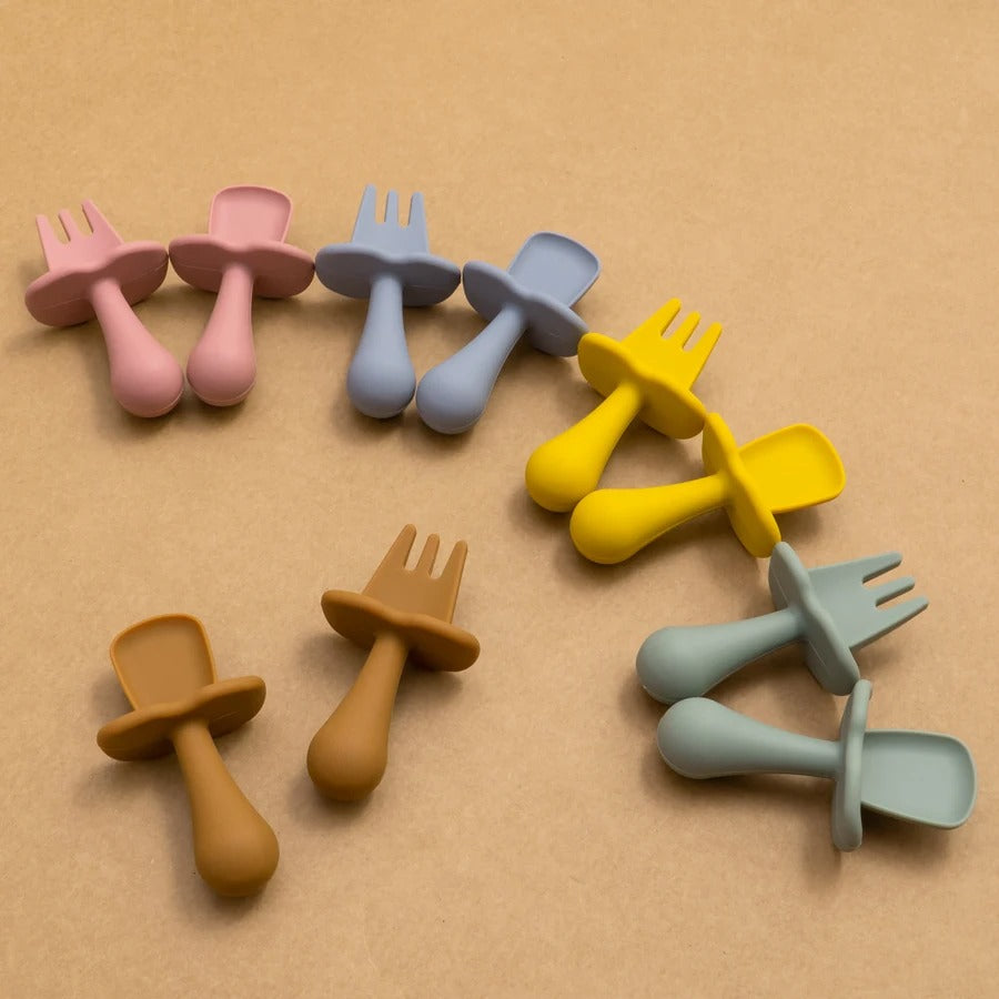2pc Baby Silicone Spoon Fork Feeding Set Kid Training Dishes Plate Children's Tableware Toddlers Weaning Baby Accessories