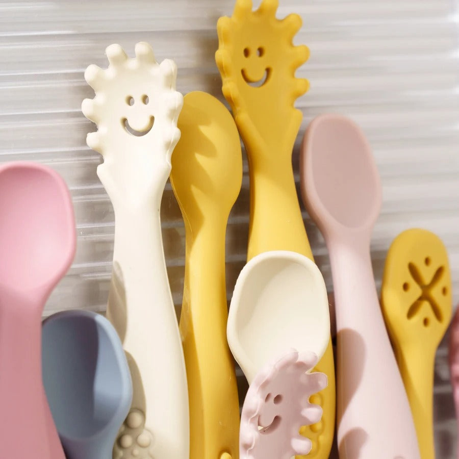 3PCS Kawaii Baby Learning Spoons Utensils Set Toddler Feeding Tableware Baby Silicone Teether Toys Training Cutlery Baby Stuff