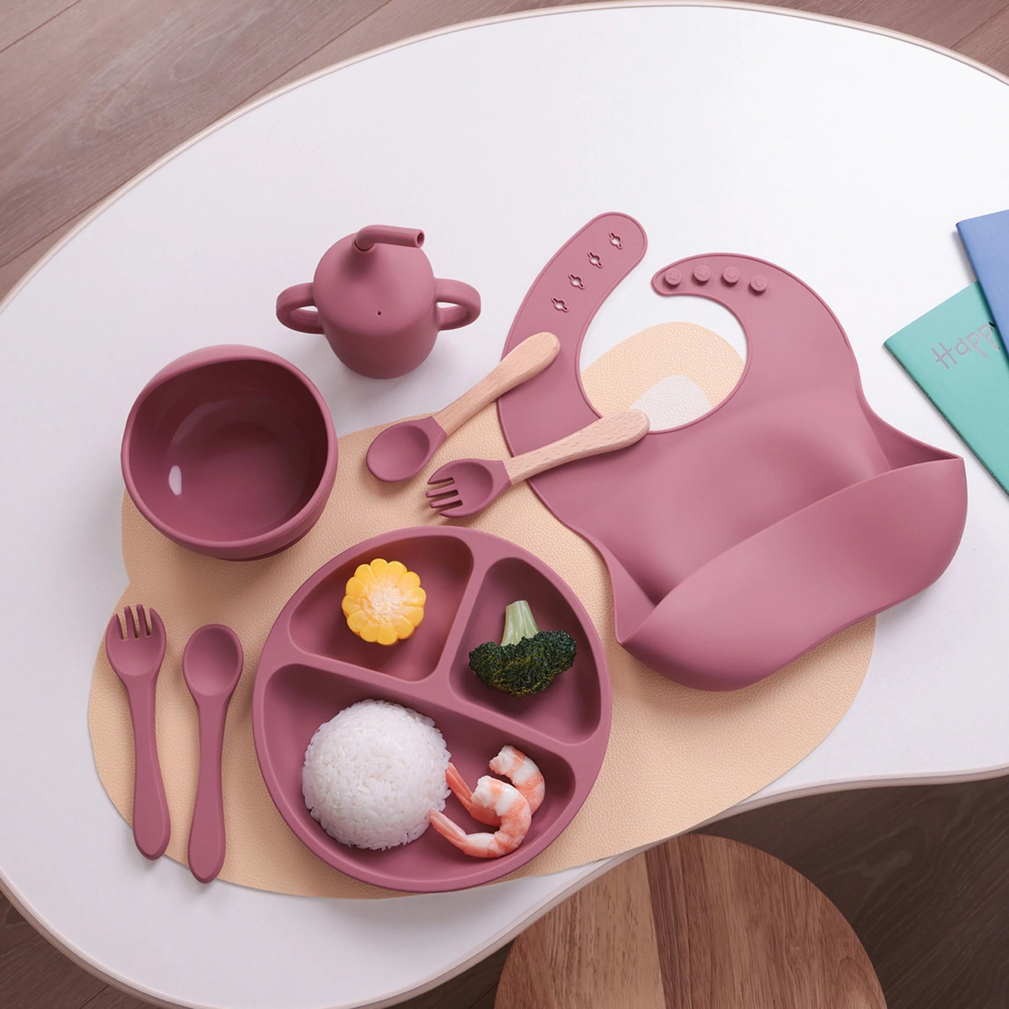 8PCS Silicone Baby Feeding Set Suction Plate BPA Free Straw Cup Waterproof Bib Spoon Fork Kids Learning Utensils Tableware