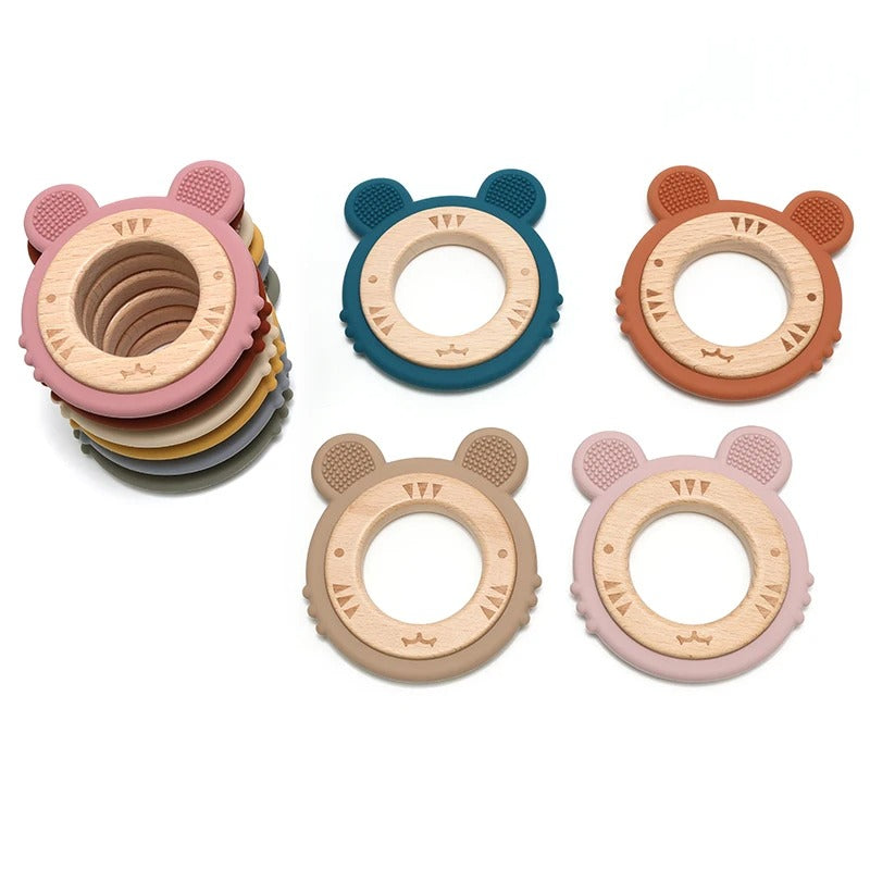 1pc Baby Teether Silicone Bracelet BPA Free Cute Cartoon Tiger Pendant Teething Toy Wood Ring Chewing Baby Accessories Toys
