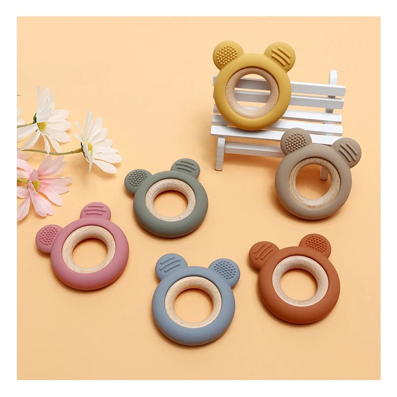 1PC Baby Silicone Teether Toy Cartoon Shape Wooden Teether Ring Kid Toy Food Grade Children's Chewing Teething Toys Accessories