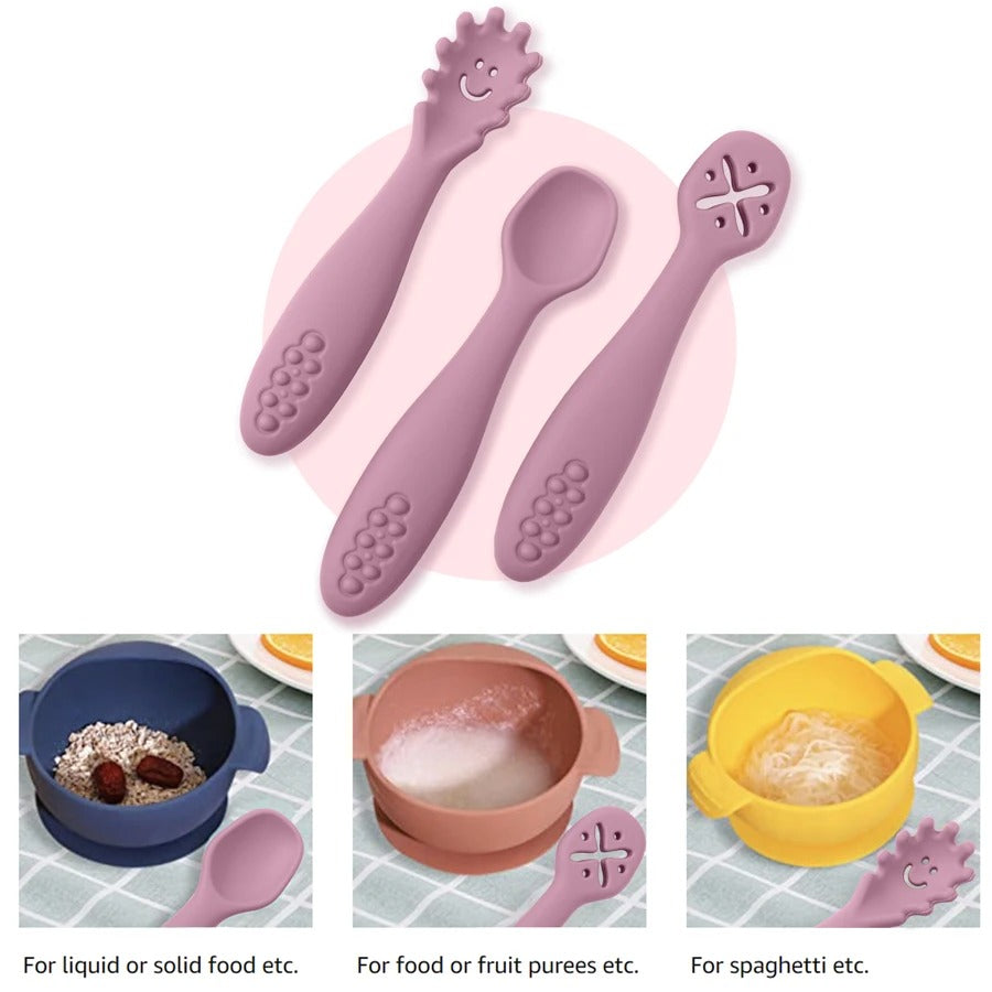 3PCS Kawaii Baby Learning Spoons Utensils Set Toddler Feeding Tableware Baby Silicone Teether Toys Training Cutlery Baby Stuff
